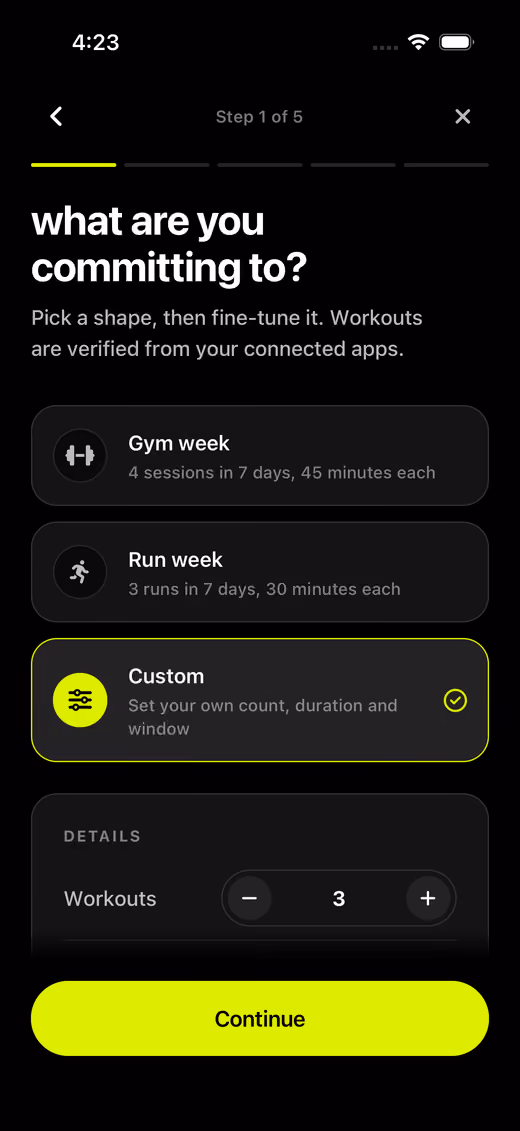 Step 1 of 5 of creating a Lock, headed “what are you committing to?” with the note “Pick a shape, then fine-tune it. Workouts are verified from your connected apps.” Three choices are offered: Gym week (4 sessions in 7 days, 45 minutes each), Run week (3 runs in 7 days, 30 minutes each), and Custom, which is selected and expands to a details panel.